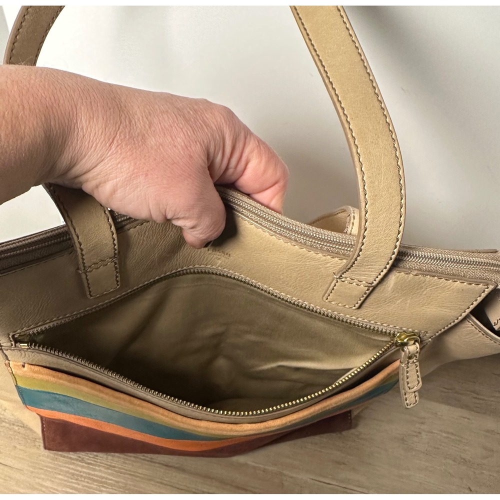 Vibrant Color Block Tan Fossil Shoulder Zip Too Handbag Large Tote - Picture 7 of 10
